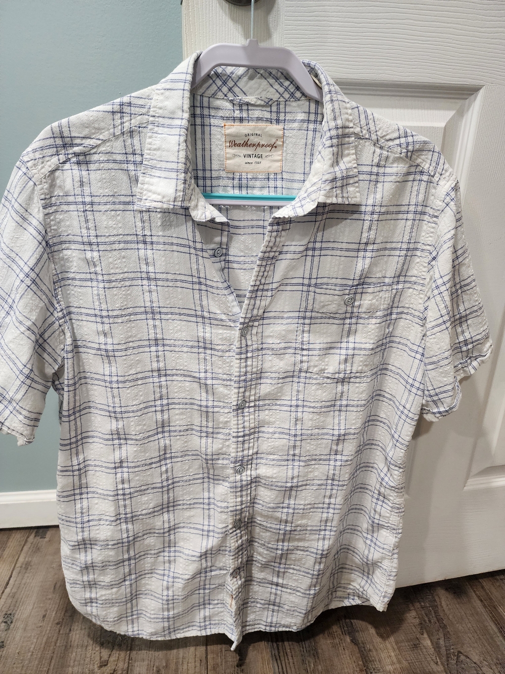 Weatherproof Vintage Men's Short-Sleeve White Blue Plaid Button-Down Shirt